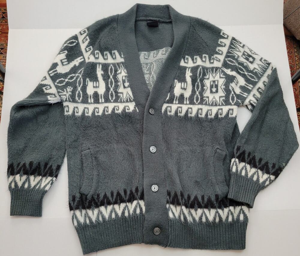 Tejidos Ruminahui 100% Wool Cardigan Sweater Made in ECUADOR Llama Aztec Large